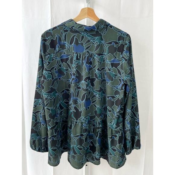 LOGO Lori Goldstein Sz M Floral Stretch Woven Button Up Blouse Long Sleeve Green - Picture 2 of 6